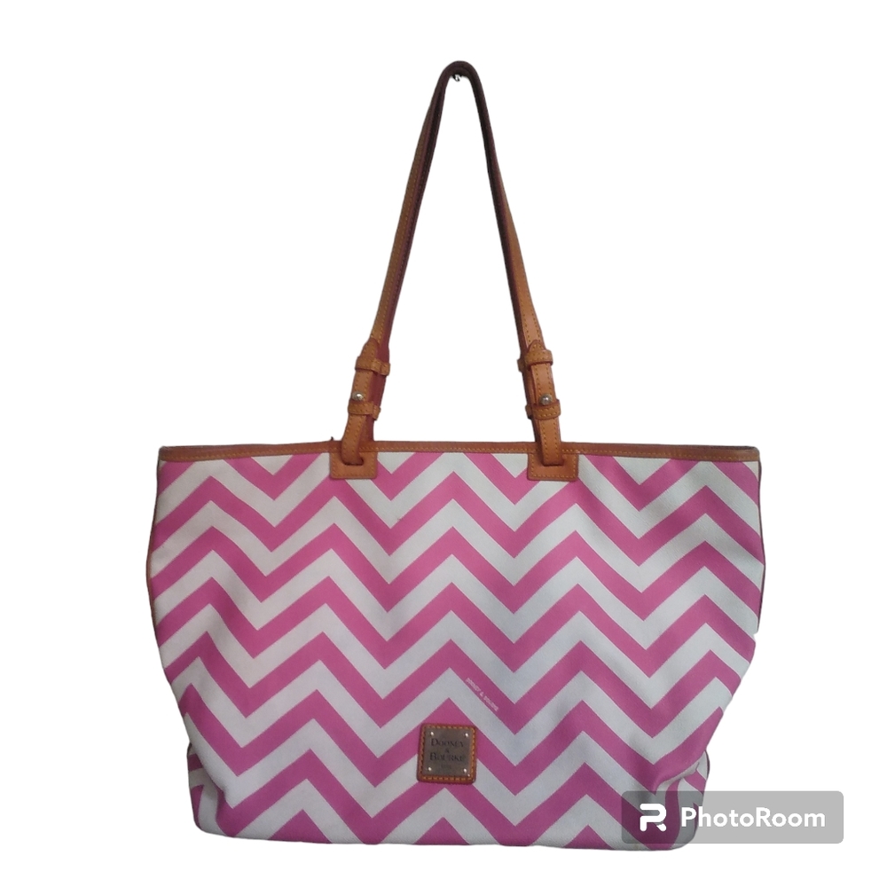 Dooney and Bourke Pink & White Chevron Tote Large  Bag Leather / Canvas …
